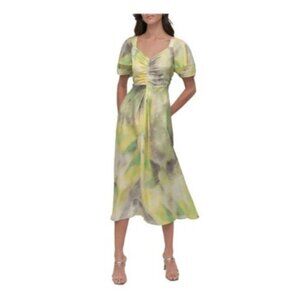 DKNY Donna Karan Satin V-Neck Short Sleeve Ruche  Midi Dress size XL new $129